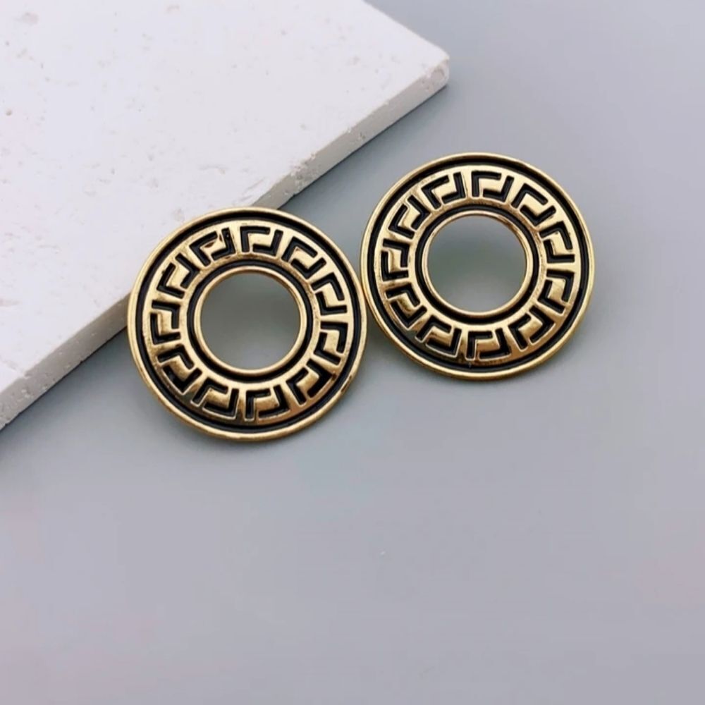 Designer Inspired Stud Earrings Black & Gold Round - Picture 2 of 6